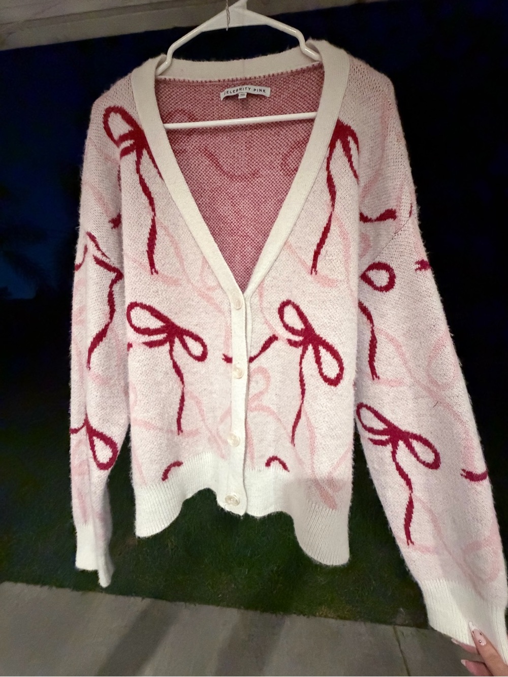 Celebrity Pink Light Pink Cardigan with Red Bow Pattern